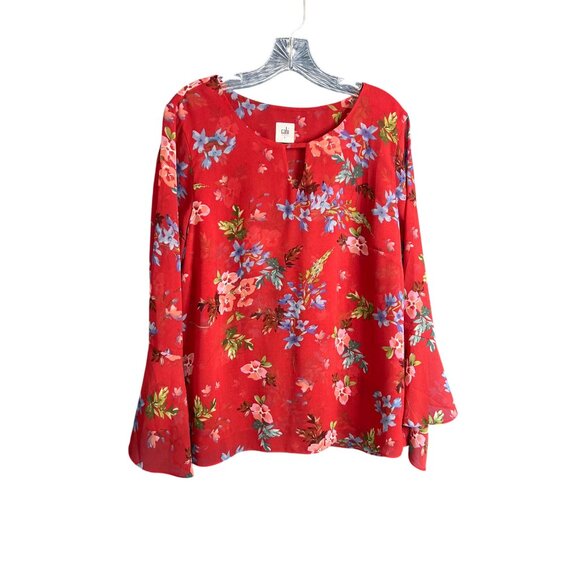 Cabi Red Floral Blouse Size L Keyhole Neckline Long Bell Sleeves - Picture 6 of 6